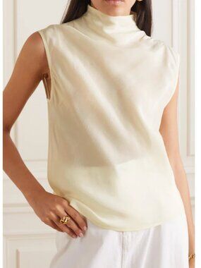 Anine Bing Ianna Top In Pearl Cupro Silk Sheer High Neck Turtleneck Tank Blouse